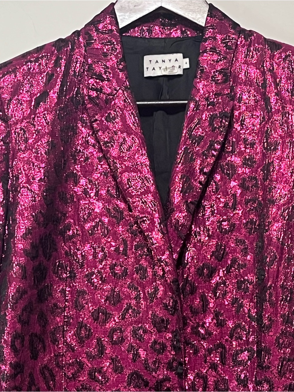 Tanya Taylor Analiese Blazer Metallic Fuchsia Burgundy Pink Leopard Print Size 4 - Picture 5 of 16